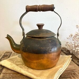 Vintage Copper Plated Teapot with Lid, Wooden Accents, 8" Tall, Made in Portugal